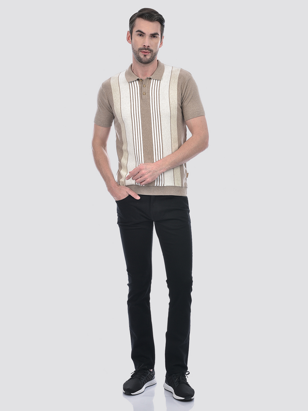 Numero Uno Men Beige Striped Polo T-Shirt